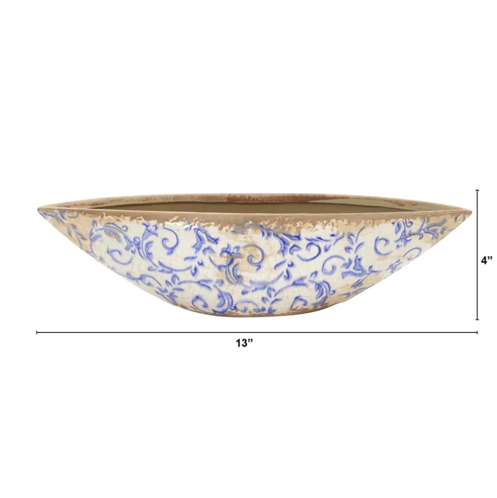 13” Tuscan Ceramic Blue Scroll Decorative Bowl - Sweet Water Decor