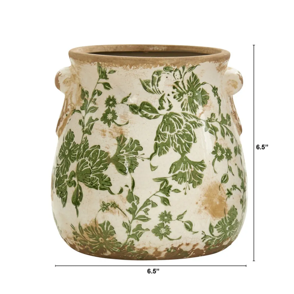 6.5” Tuscan Ceramic Green Scroll Planter - Sweet Water Decor