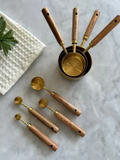 Acacia Wood and Gold Measuring Cups, Set of 8