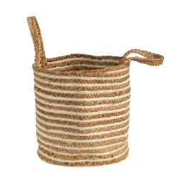 Basket Natural Cotton and Jute, Handwoven Stripe with Handles
