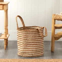 Basket Natural Cotton and Jute, Handwoven Stripe with Handles