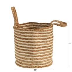 Basket Natural Cotton and Jute, Handwoven Stripe with Handles