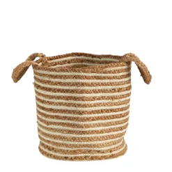 Basket Natural Cotton and Jute, Handwoven Stripe with Handles