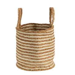 Basket Natural Cotton and Jute, Handwoven Stripe with Handles