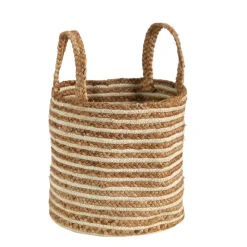 Basket Natural Cotton and Jute, Handwoven Stripe with Handles