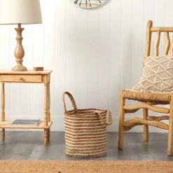Basket Natural Cotton and Jute, Handwoven Stripe with Handles