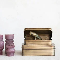 Metal Boxes, Antique Brass Finish, Set of 2