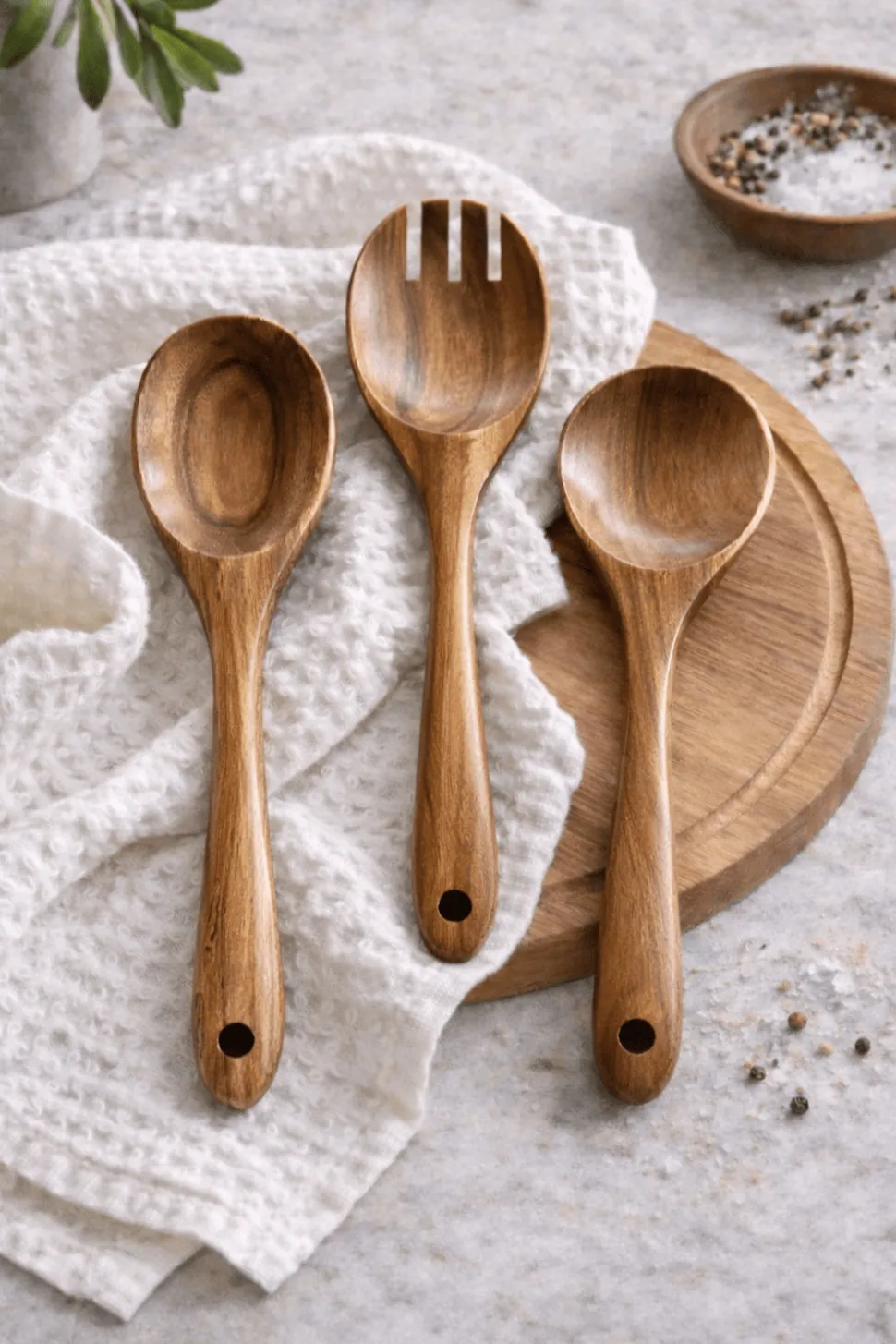 Teak Wooden Salad Spoons, Set of 3